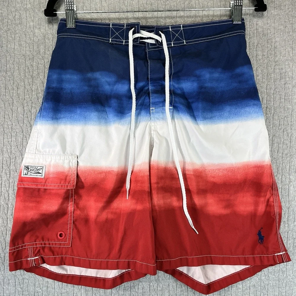 Polo Ralph Lauren Swim Trunks Mens Small Red White Blue Ombre Board Shorts